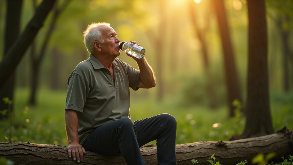 Senioras poilsio metu sėdi ant medžio šaknies, geria vandenį iš butelio