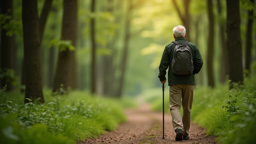Senioras su lazda švelniame šlaite, saugi ir patogi žygio kelionė